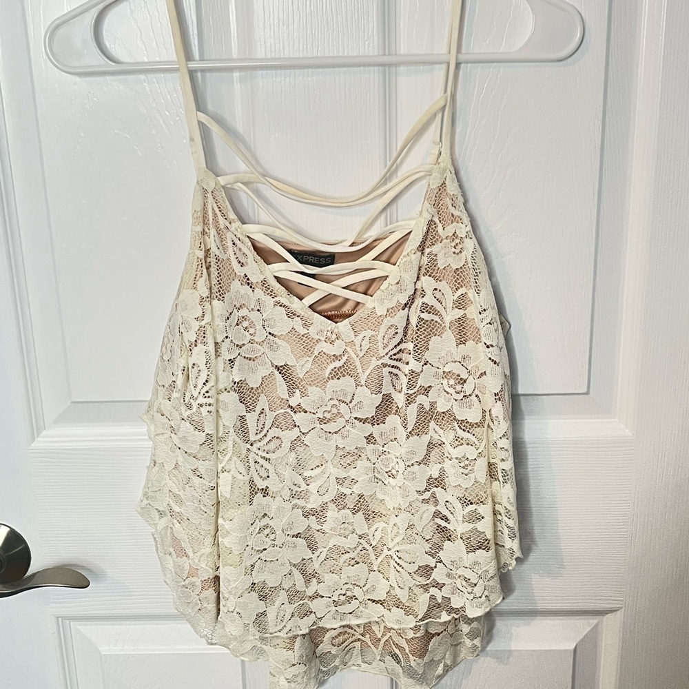 Express White Cream Strappy Criss Cross Tank Top Floral Lace Medium